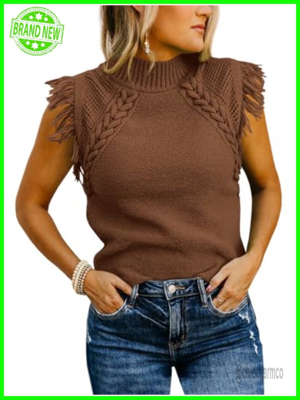 Saodimallsu Womens Sleeveless Sweater Vest Mock Neck Cable Knit Fringe Cap